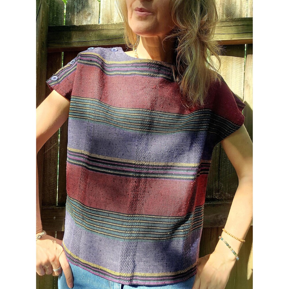 Vintage Colorful Striped Blouse - Textured Slub Top with Button Shoulder M